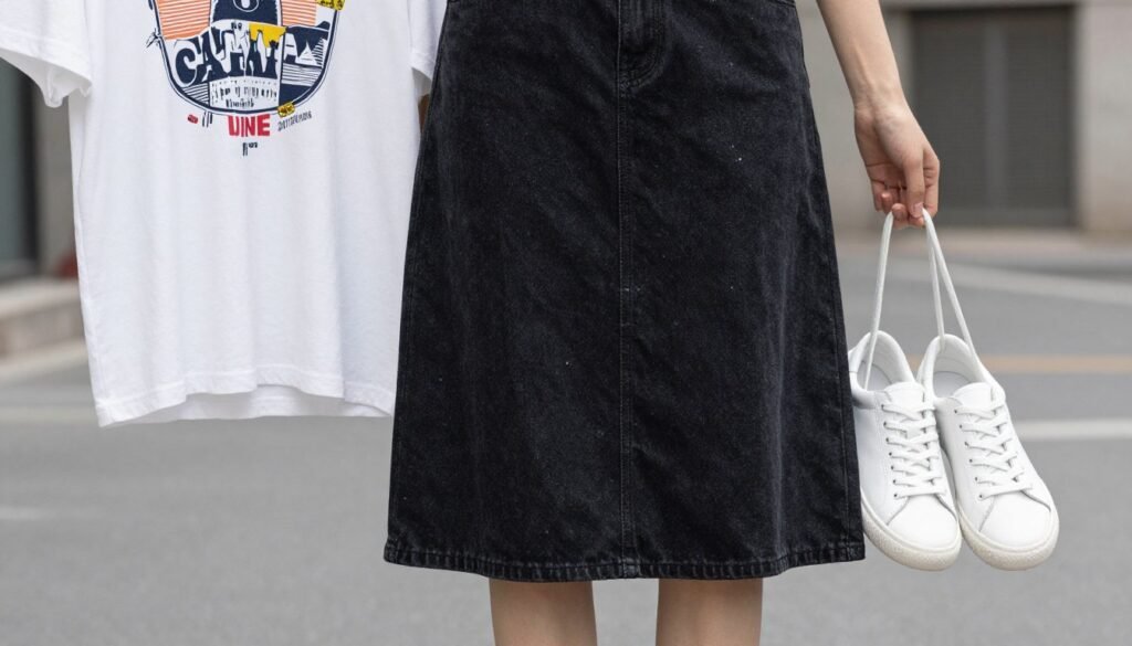 Black denim skirt outfit with graphic tee and leather sneakers