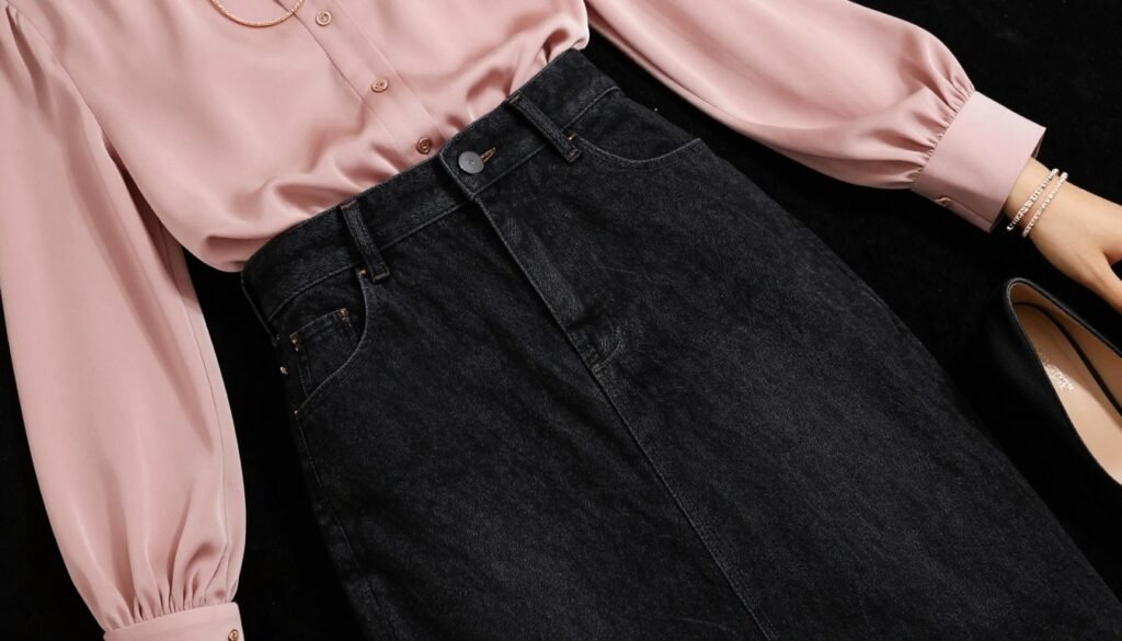 Black denim skirt styled with pink silk blouse and black heels