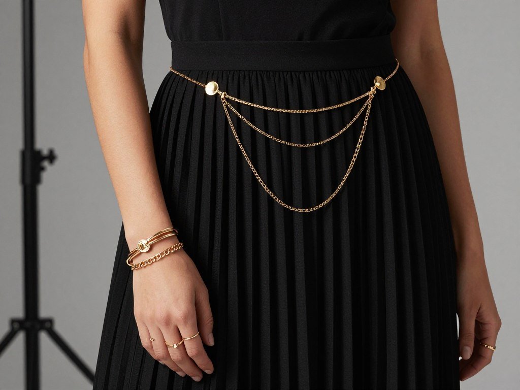 Black pleated skirt outfit accessorized with layered jewelry