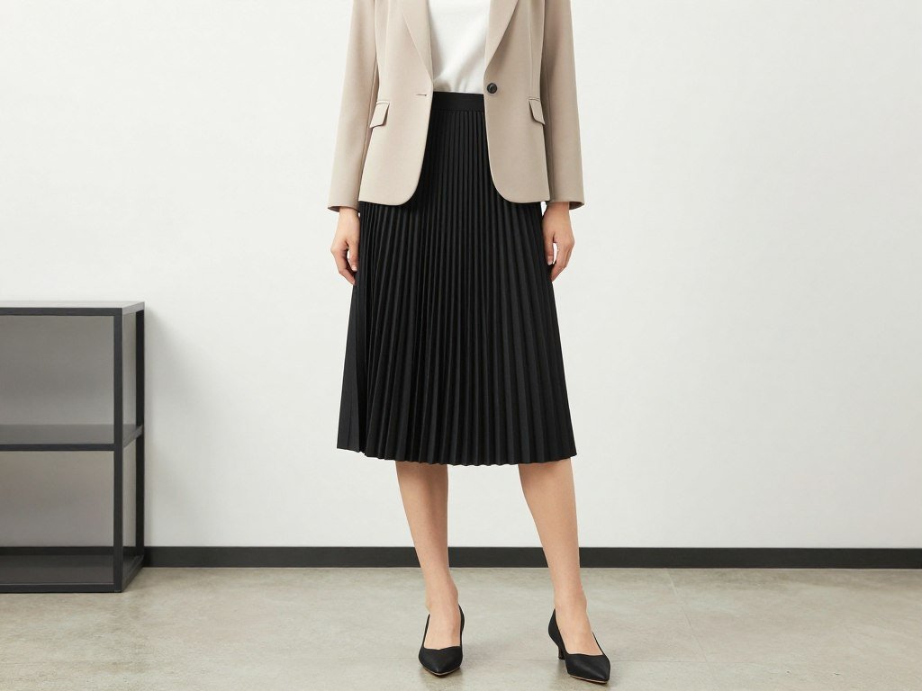 Black pleated skirt paired with structured blazer and pointed flats