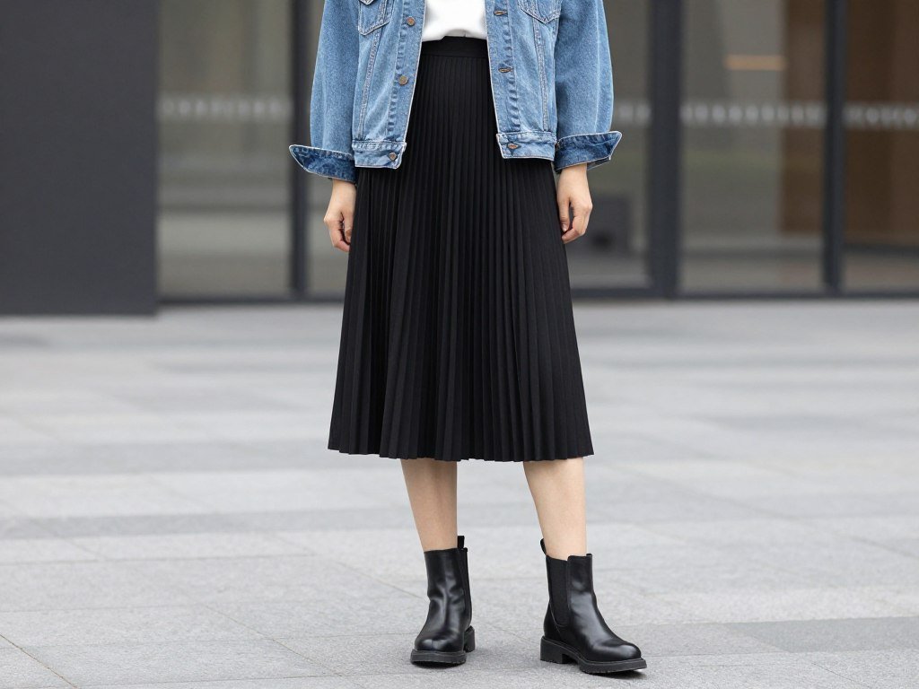 Black pleated skirt styled with denim jacket and ankle boots