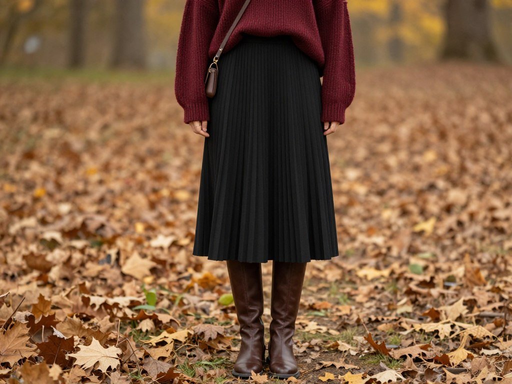 Black pleated skirt with chunky knit sweater and knee-high boots for fall