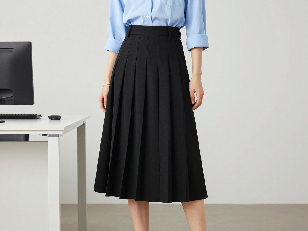 Black pleated skirt with crisp button-down shirt and loafers