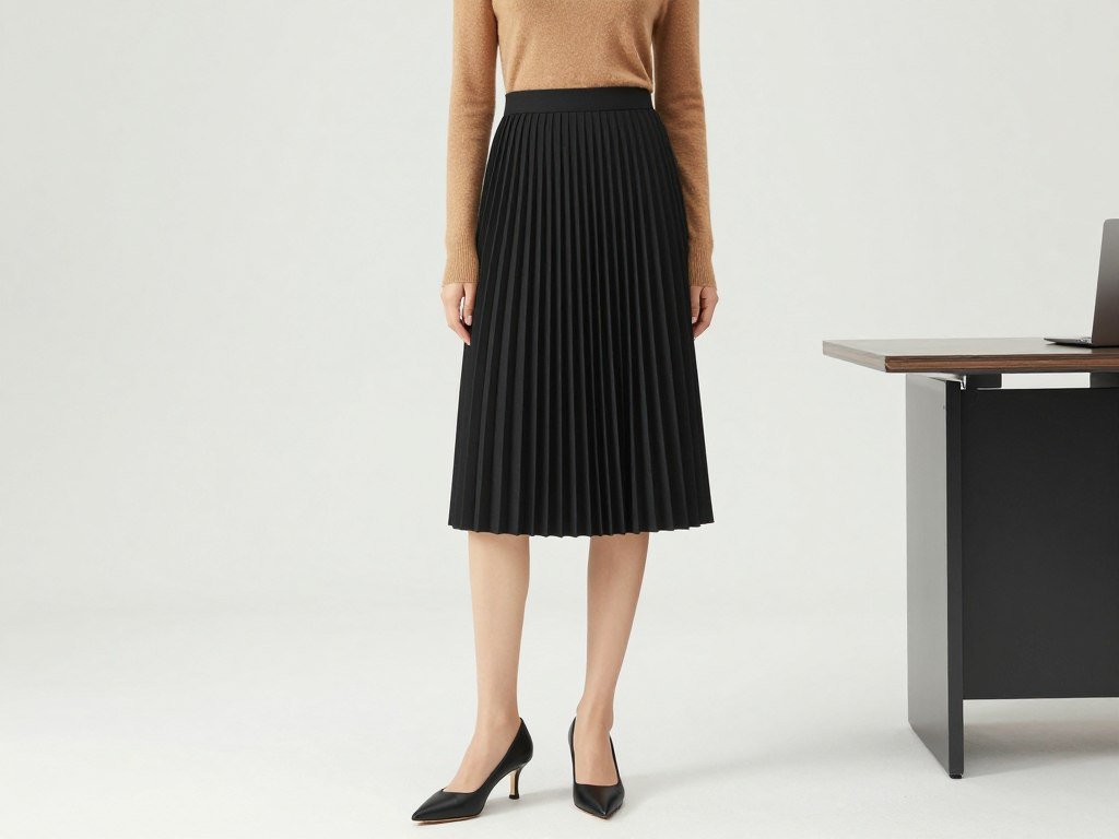Black pleated skirt with fitted turtleneck and kitten heels