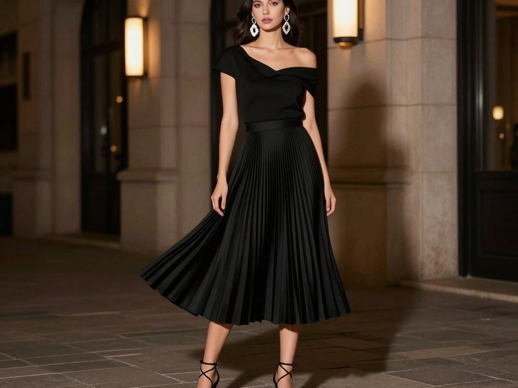 Black pleated skirt with off-shoulder top and statement earrings