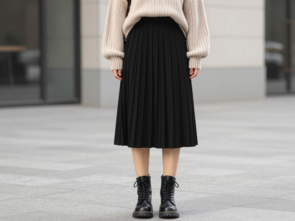 Black pleated skirt with oversized sweater and combat boots
