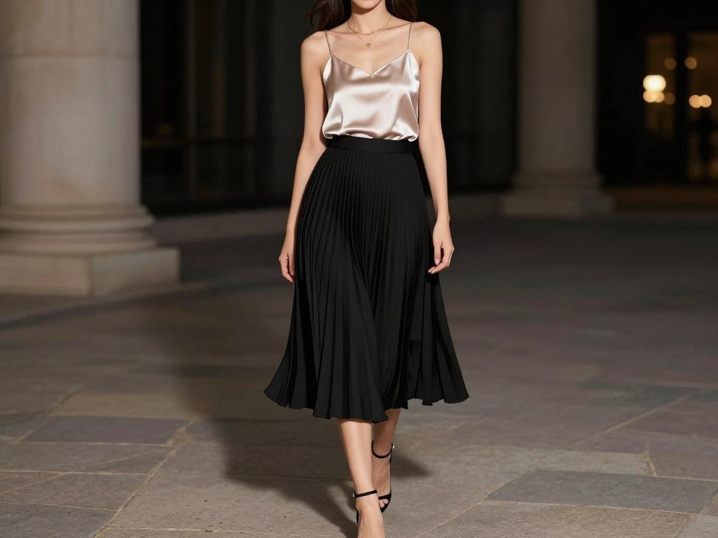 Black pleated skirt with silk camisole and strappy heels