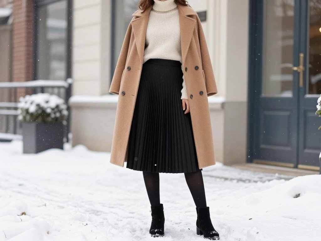 Black pleated skirt with tights, boots and wool coat for winter