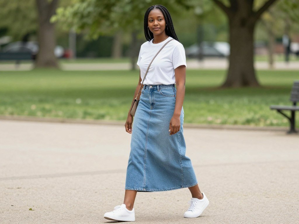 Black woman in a casual denim maxi skirt outfit perfect for weekend errands, showcasing long skirt outfits for Black women