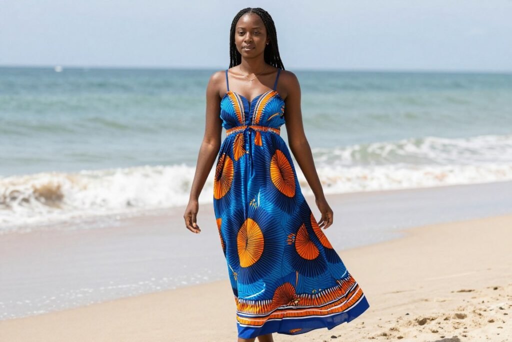 Black woman in a colorful patterned maxi dress walking along a beach