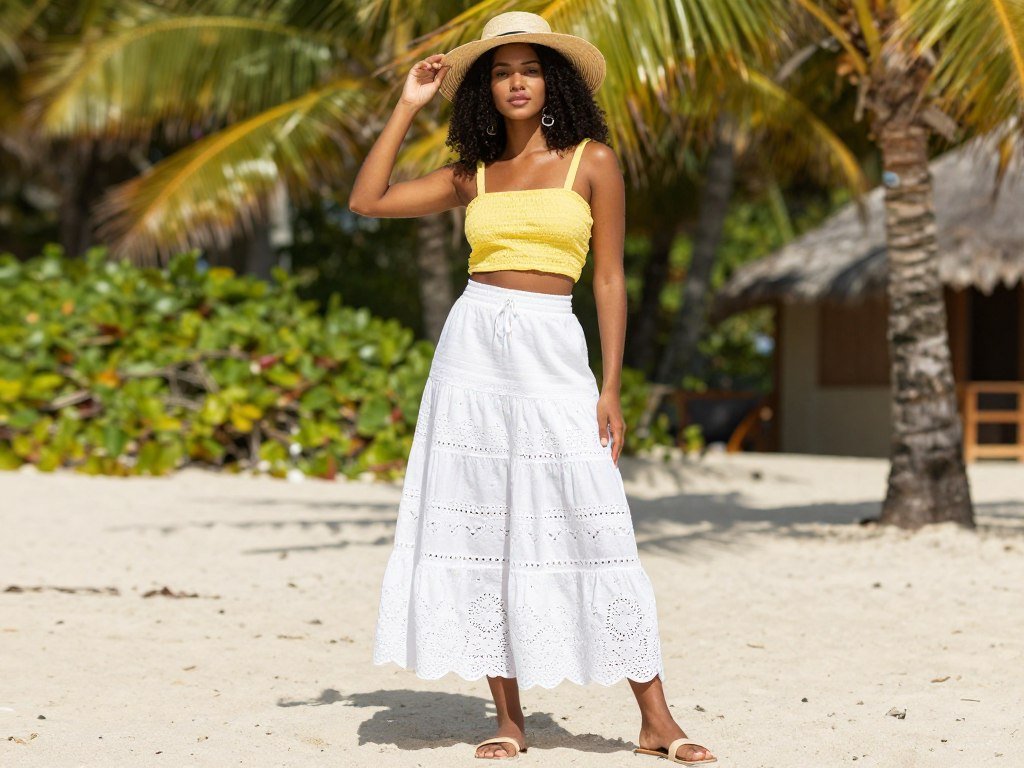 Black woman in a lightweight cotton maxi skirt for summer styling, showcasing seasonal long skirt outfits for Black women