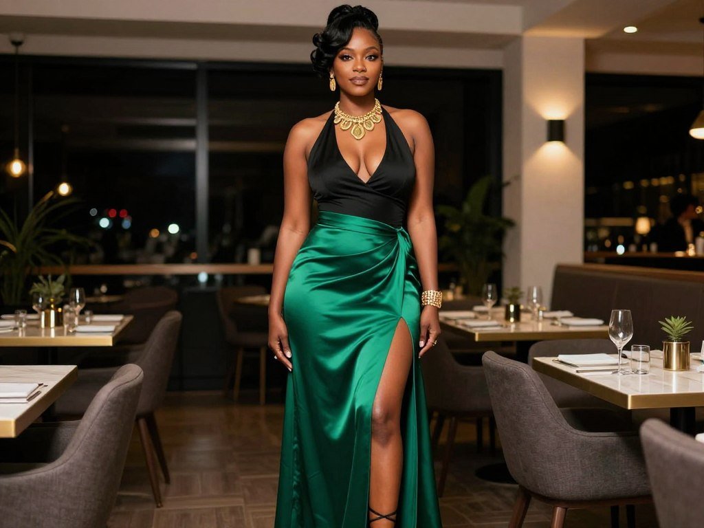 Black woman in a luxurious satin maxi skirt with a halter top for evening events, demonstrating elegant long skirt outfits for Black women