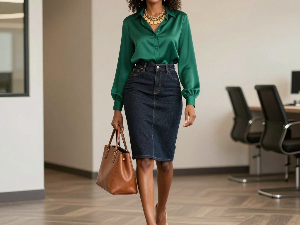 Black woman in a midi jean skirt with a silk blouse and statement necklace