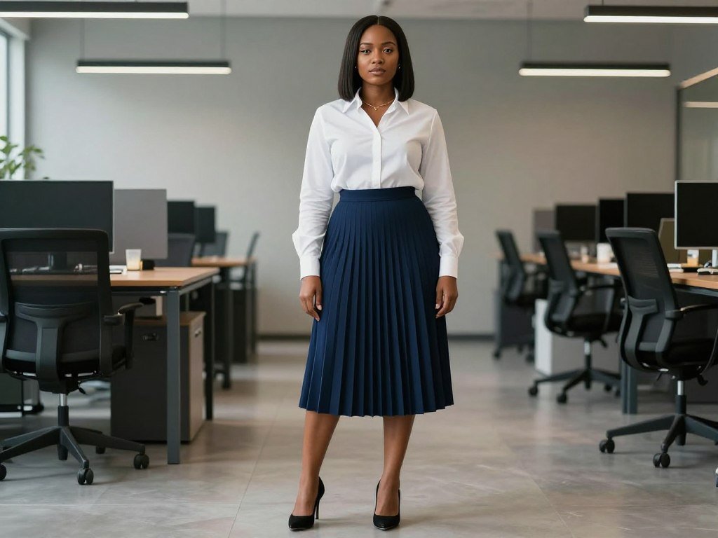 Black woman in a professional pleated midi skirt with a button-up blouse, showcasing elegant long skirt outfits for Black women in the workplace