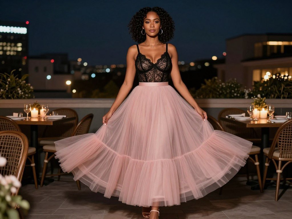 Black woman in a tulle maxi skirt with a fitted bodysuit for date night, demonstrating romantic long skirt outfits for Black women