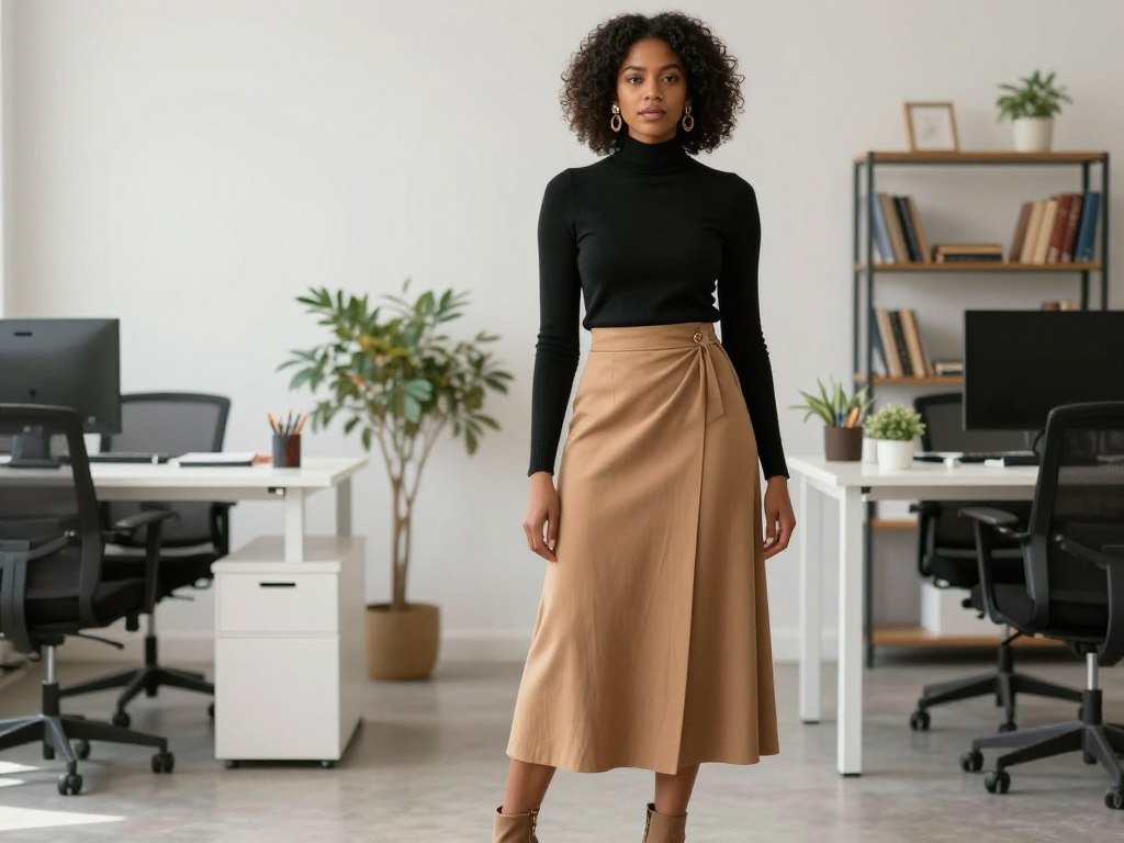 Black woman in a wrap-style maxi skirt with a turtleneck sweater for a business casual look, showcasing elegant long skirt outfits for Black women