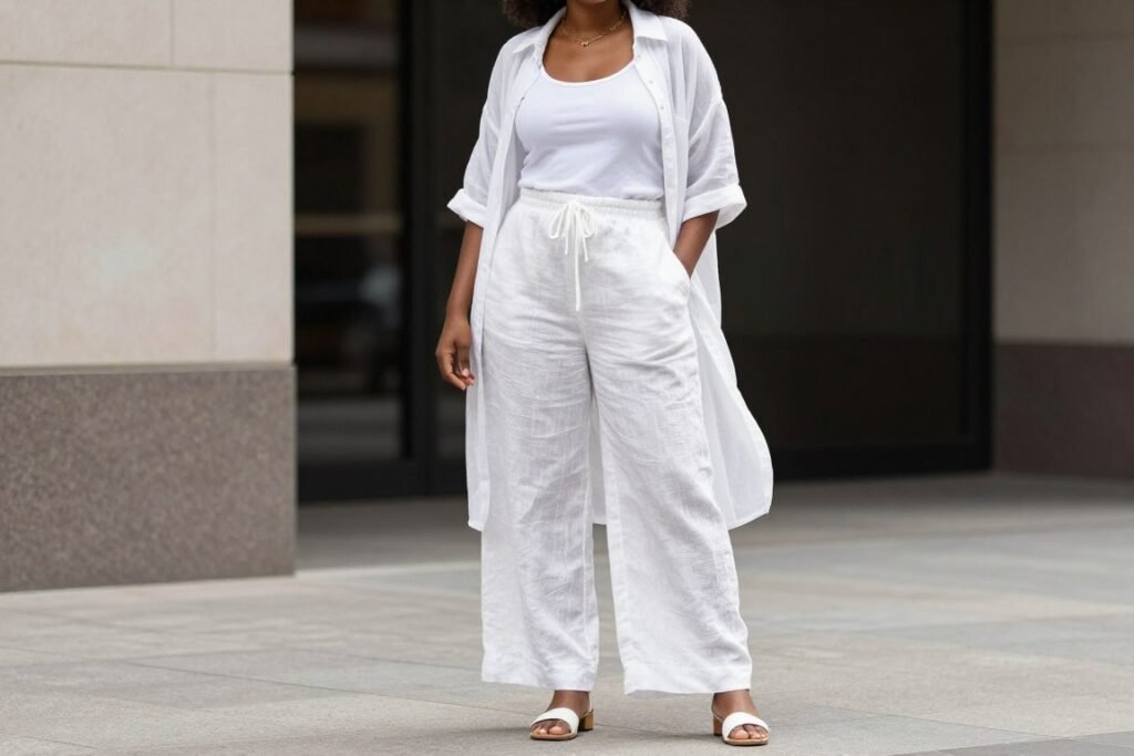 Black woman in an all-white summer outfit with different textures and layers