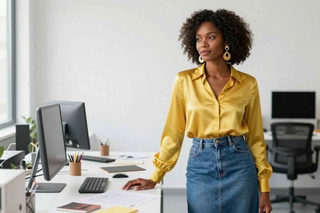 Black woman in creative office wearing jean skirt with colorful blouse