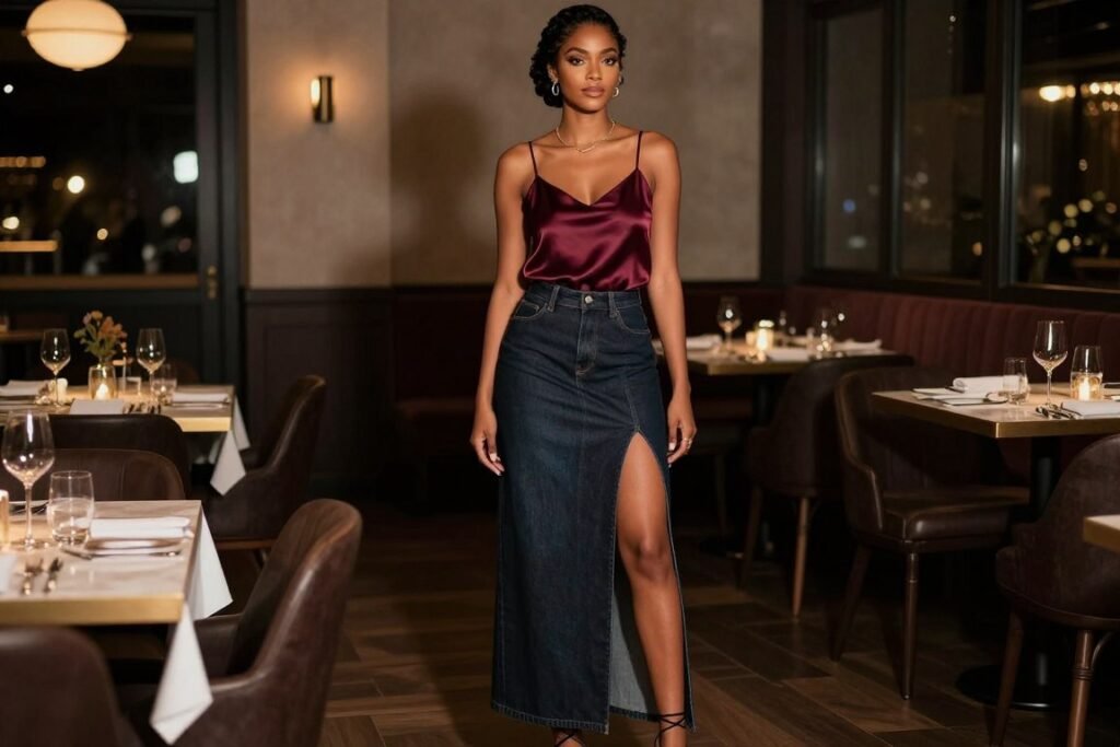 Black woman in dark denim maxi skirt with side slit and silk camisole