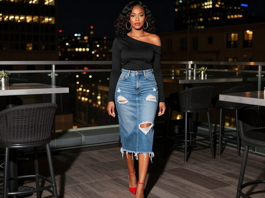 Black woman in distressed midi jean skirt with off-shoulder top at rooftop bar
