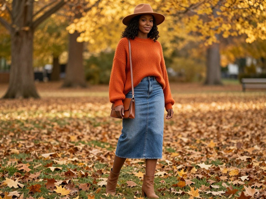 Black woman in fall outfit with midi jean skirt and oversized sweater