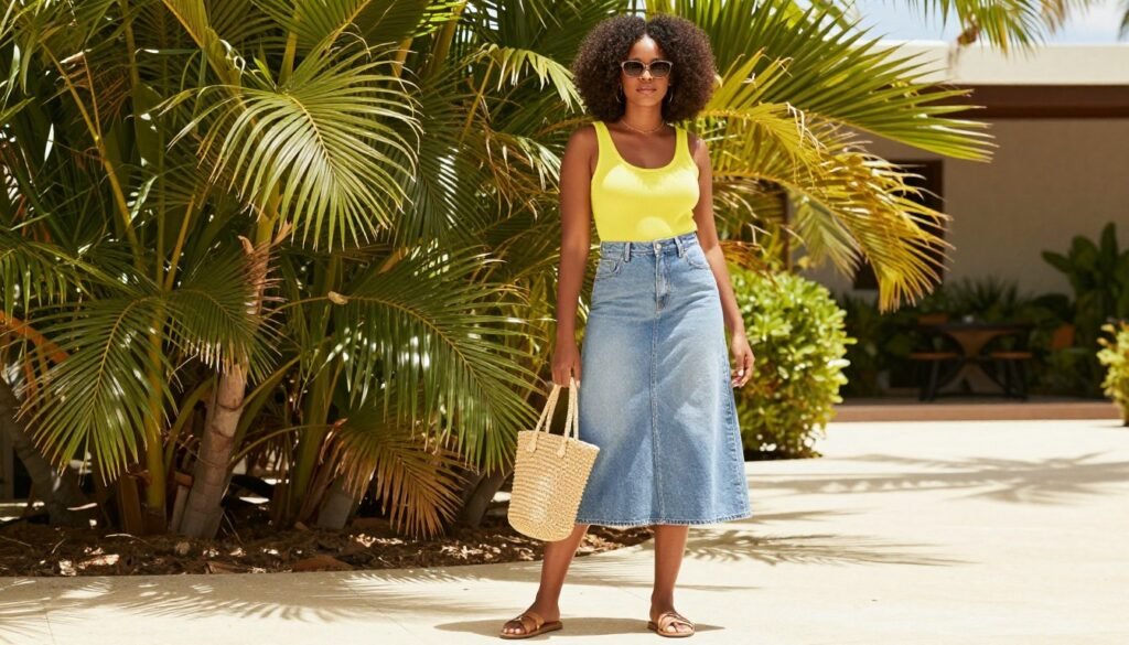 Black woman in summer outfit with light wash jean skirt and tank top