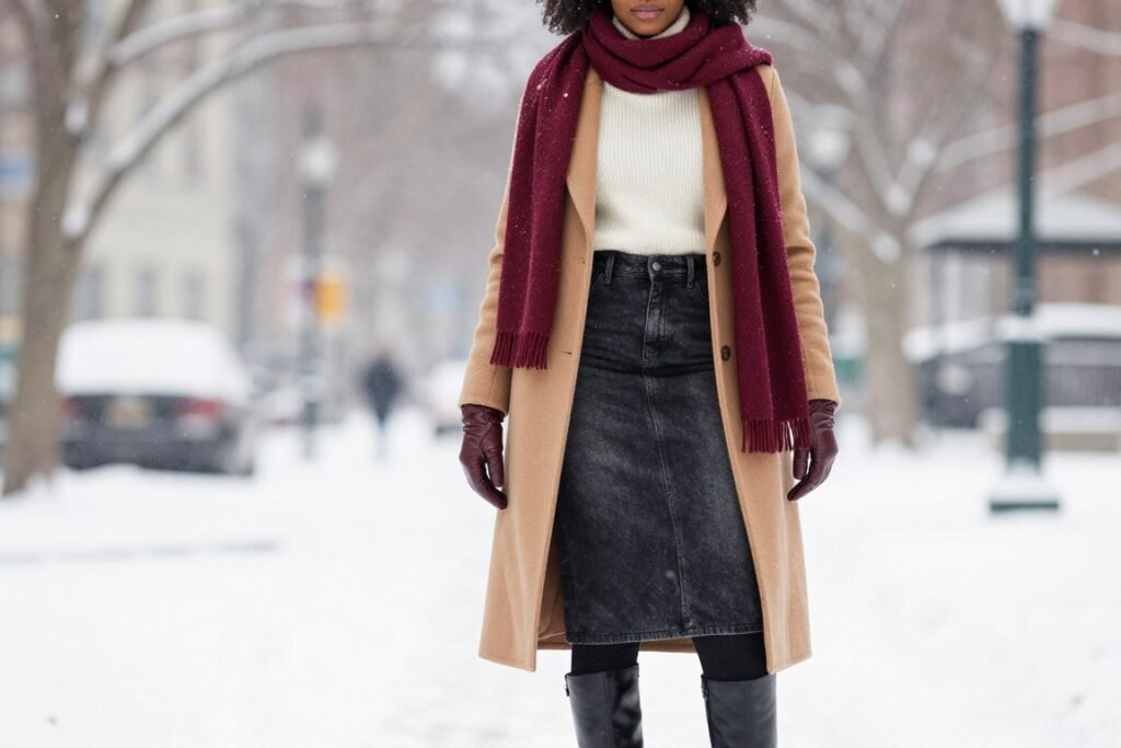 Black woman in winter outfit with black jean skirt, turtleneck and coat