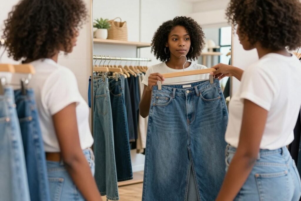 Black woman trying on different jean skirt styles in a boutique setting