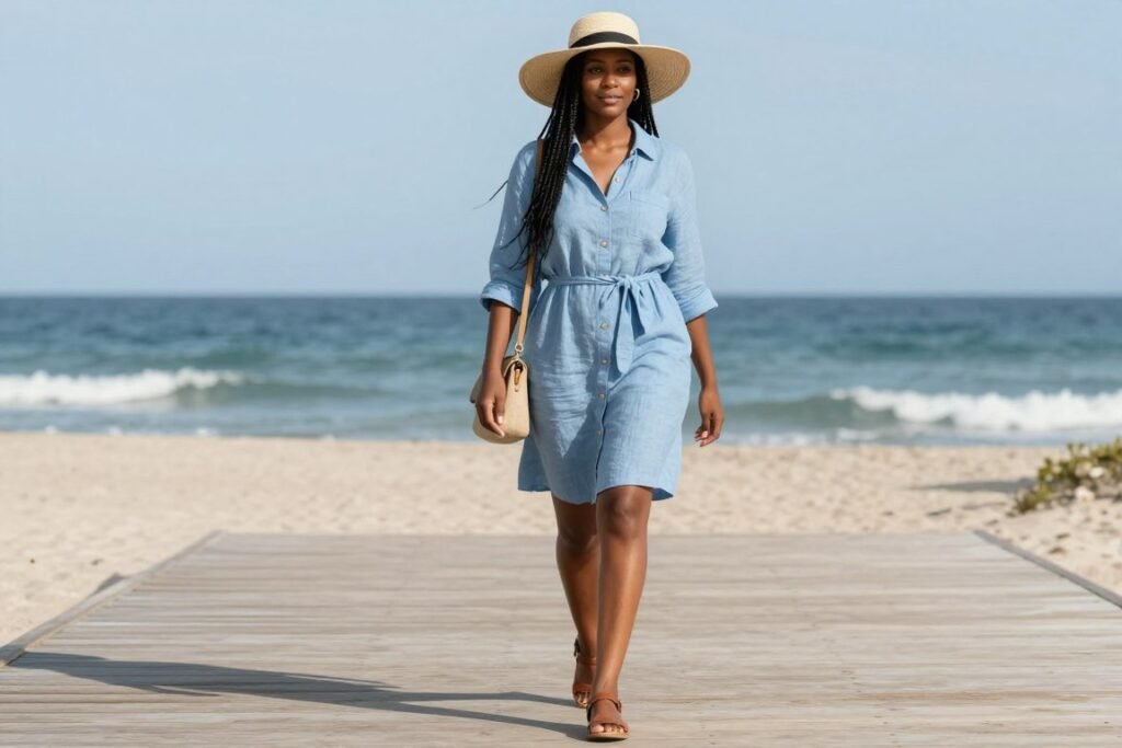 Black woman wearing a belted linen shirt dress with sandals and a straw hat