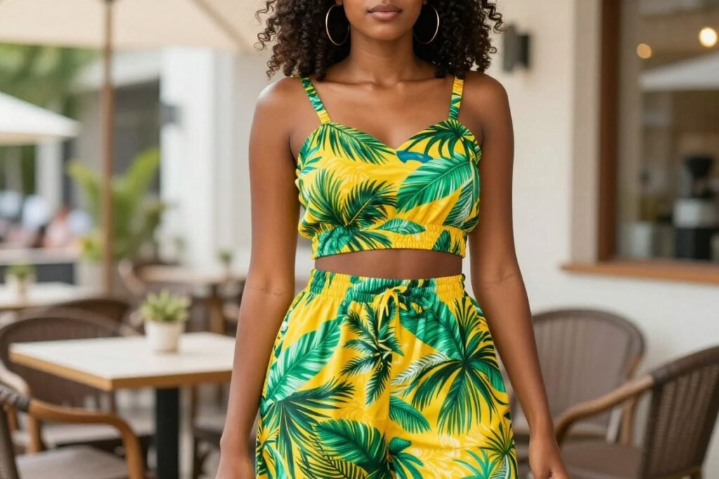 Black woman wearing a colorful printed two-piece set with crop top and wide-leg pants