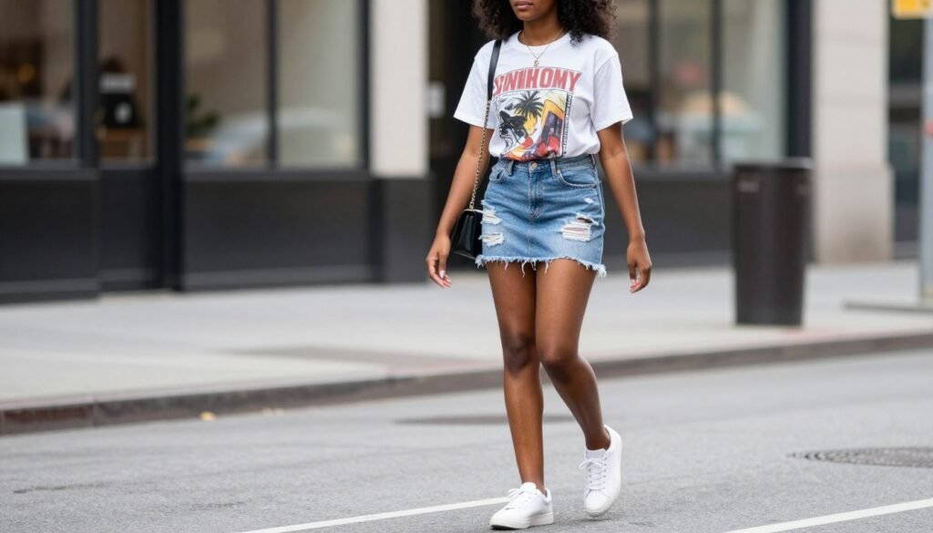 Black woman wearing a distressed denim mini skirt with a graphic tee and sneakers