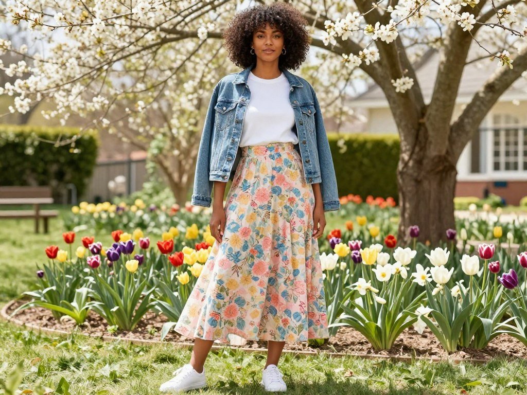 Black woman wearing a floral maxi skirt with a denim jacket for spring, demonstrating seasonal long skirt outfits for Black women