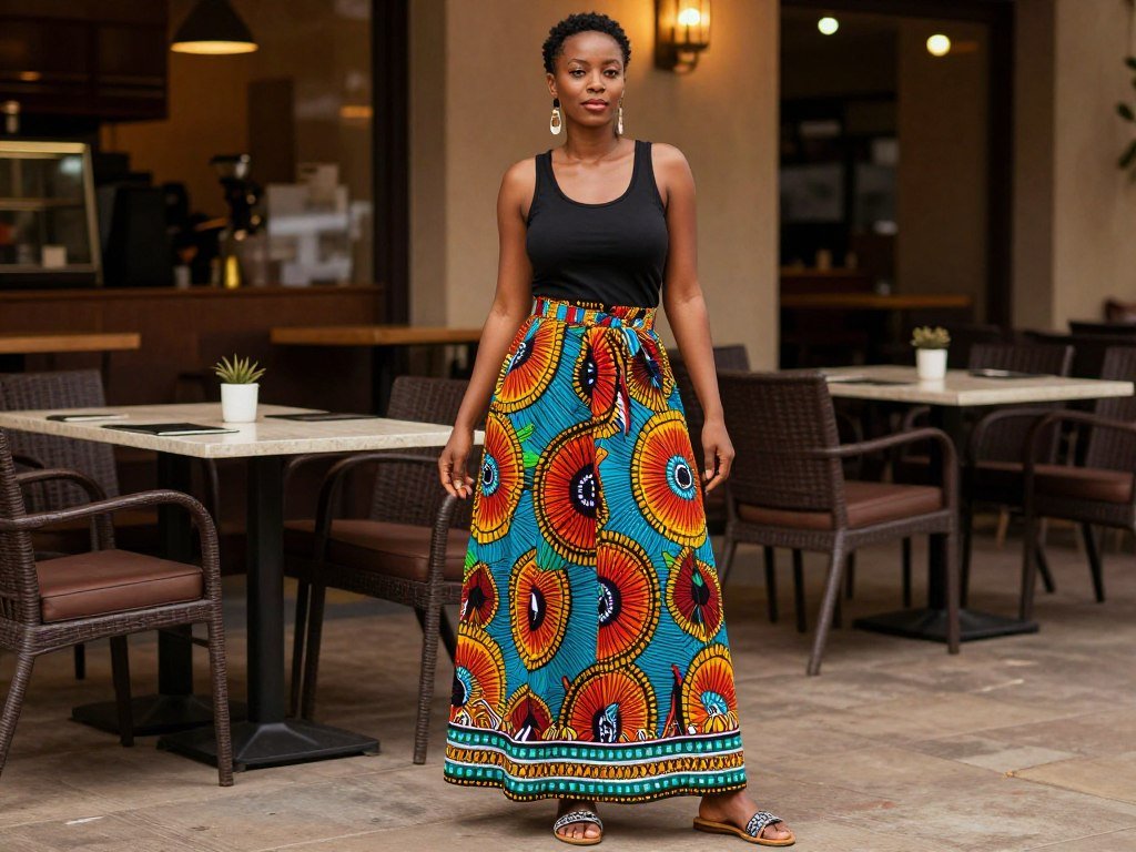 Black woman wearing a flowy printed maxi skirt with a tank top, demonstrating versatile long skirt outfits for Black women