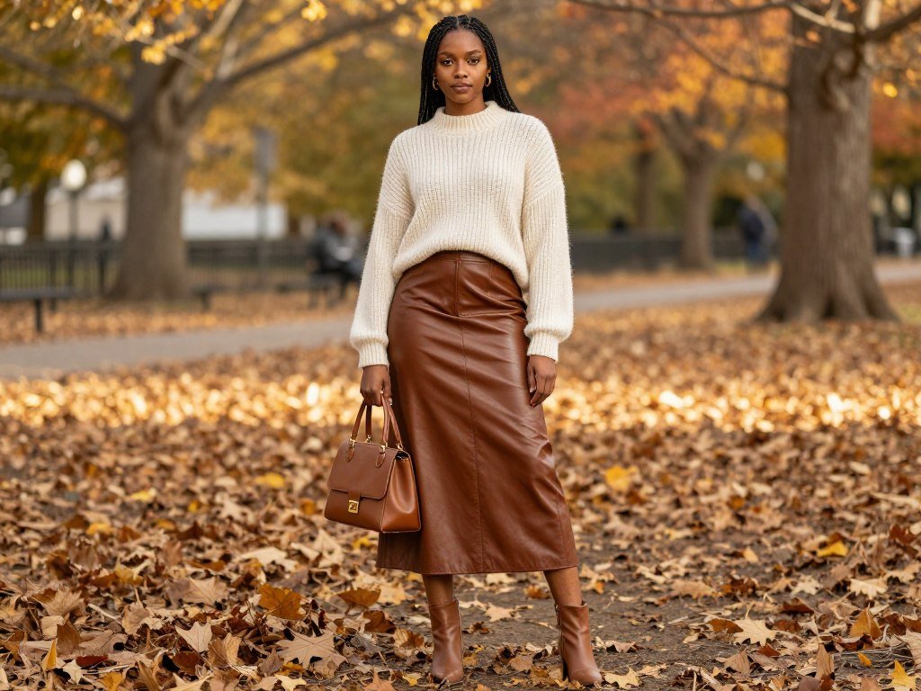 Black woman wearing a leather maxi skirt with a sweater for fall, demonstrating seasonal long skirt outfits for Black women