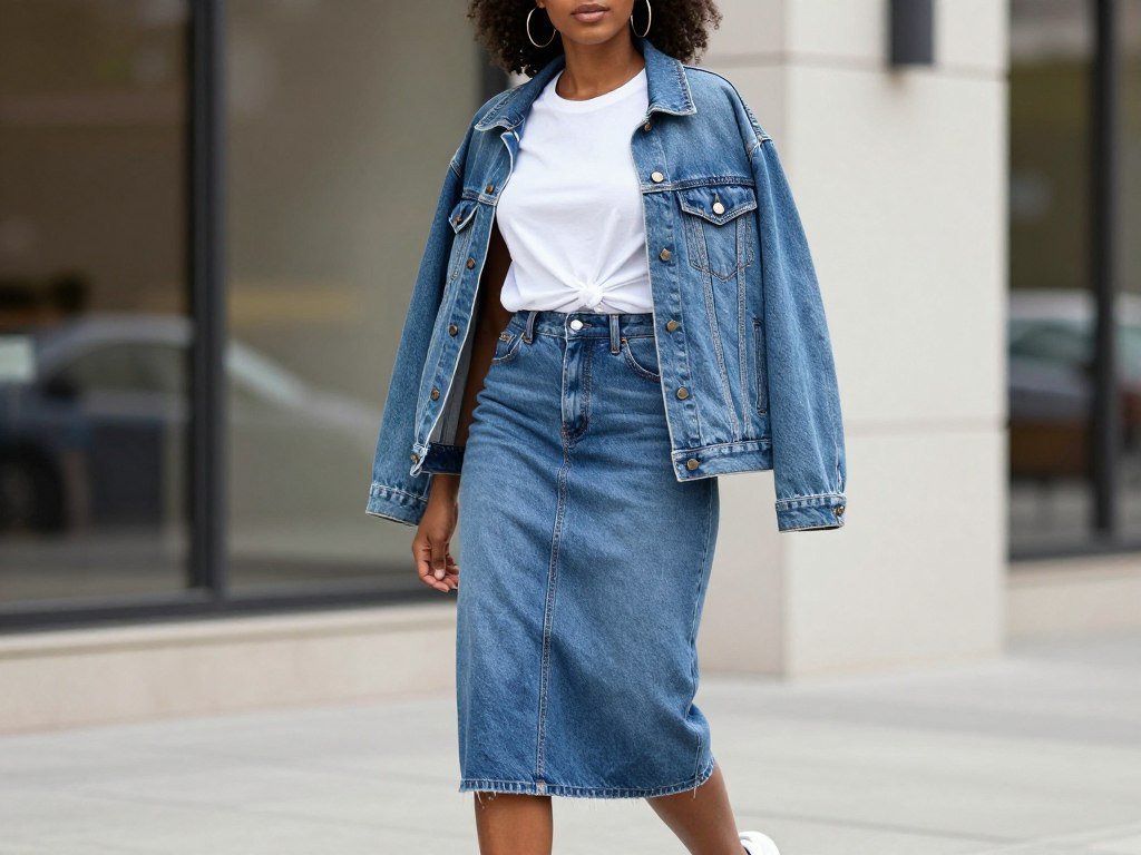 Black woman wearing a midi jean skirt with a tucked-in t-shirt and denim jacket