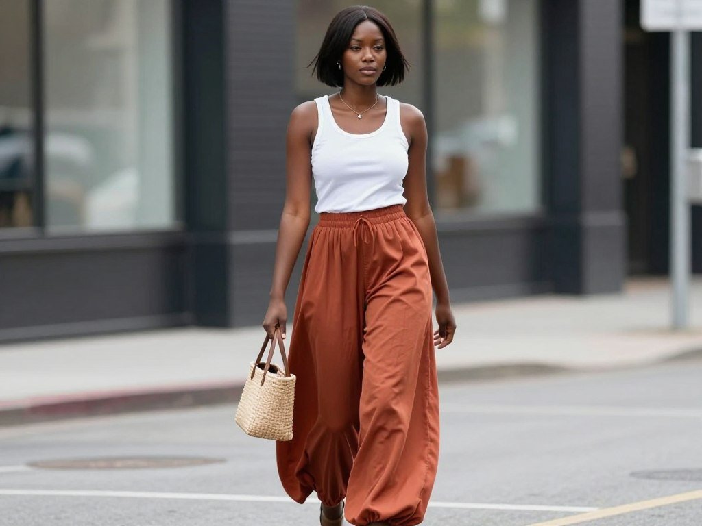 Black woman wearing lightweight palazzo pants with a simple tank top