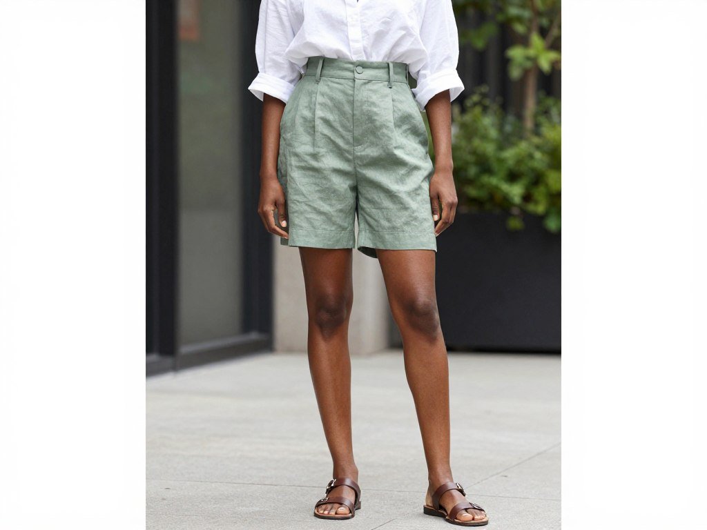 Black woman wearing tailored linen shorts with a tucked-in blouse and sandals