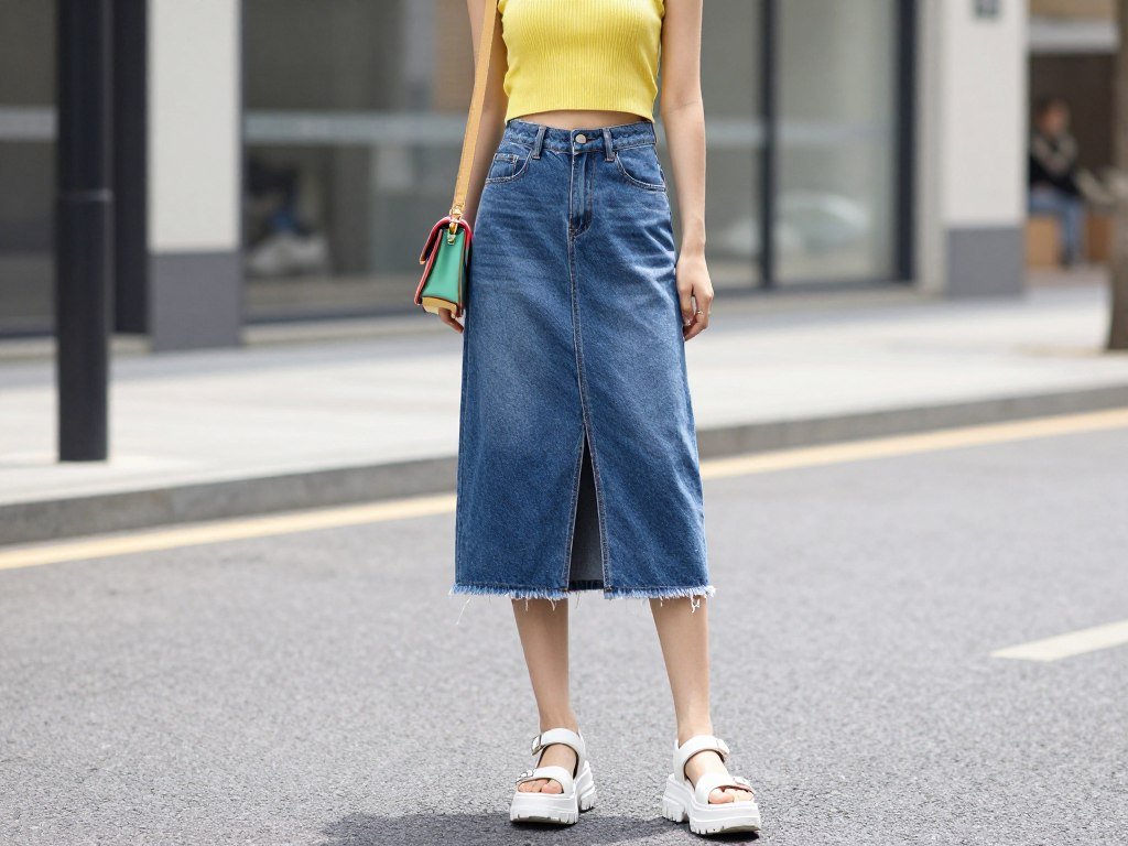Blue split-hem denim midi skirt paired with a bright colored cropped tank top, chunky platform sandals, and mini shoulder bag for a trendy summer jean skirt outfit