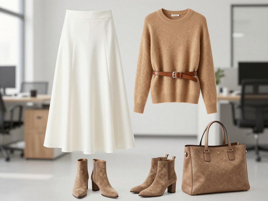 Business casual outfit with white satin A-line skirt, fine knit sweater and leather accessories