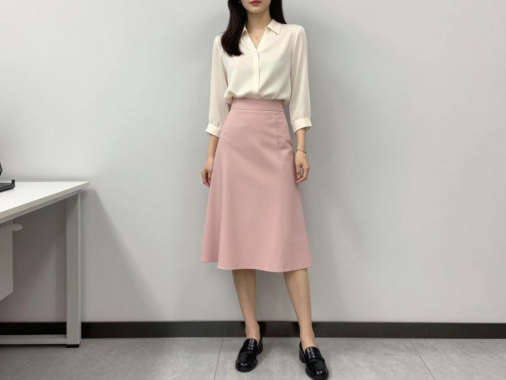 Business casual pink skirt outfit with silk blouse and loafers