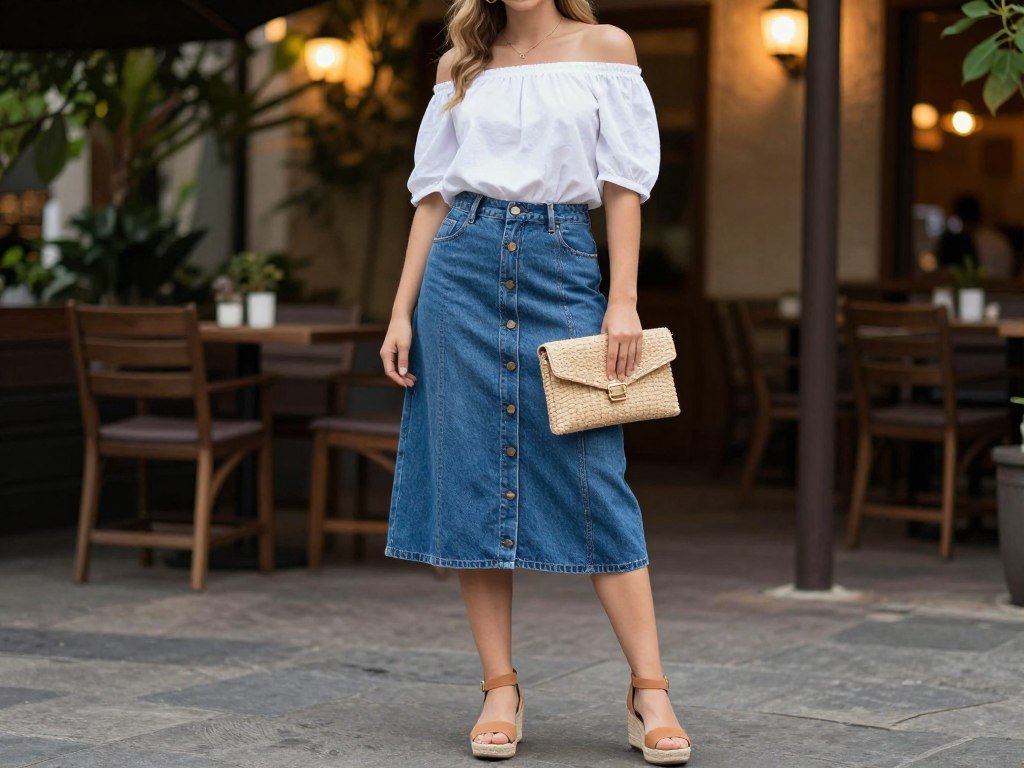 Button-front denim midi skirt paired with a white off-shoulder top, espadrille wedges, and a woven clutch for an elevated summer jean skirt outfit