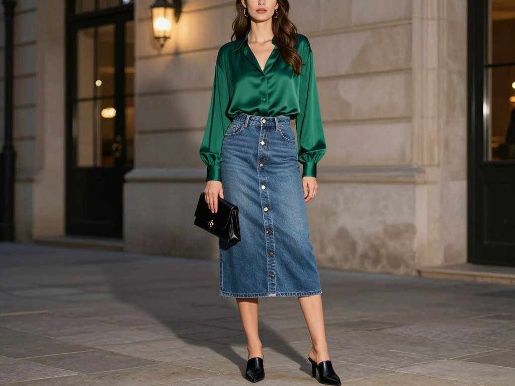 Button-front denim midi skirt paired with an emerald green silk blouse, black heeled mules, and structured clutch for a sophisticated evening summer jean skirt outfit