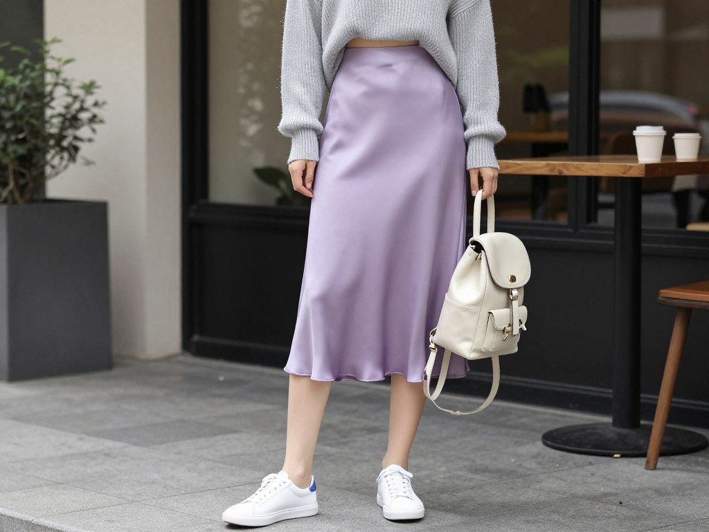 Casual brunch outfit with lavender satin skirt, cropped gray sweater and white sneakers
