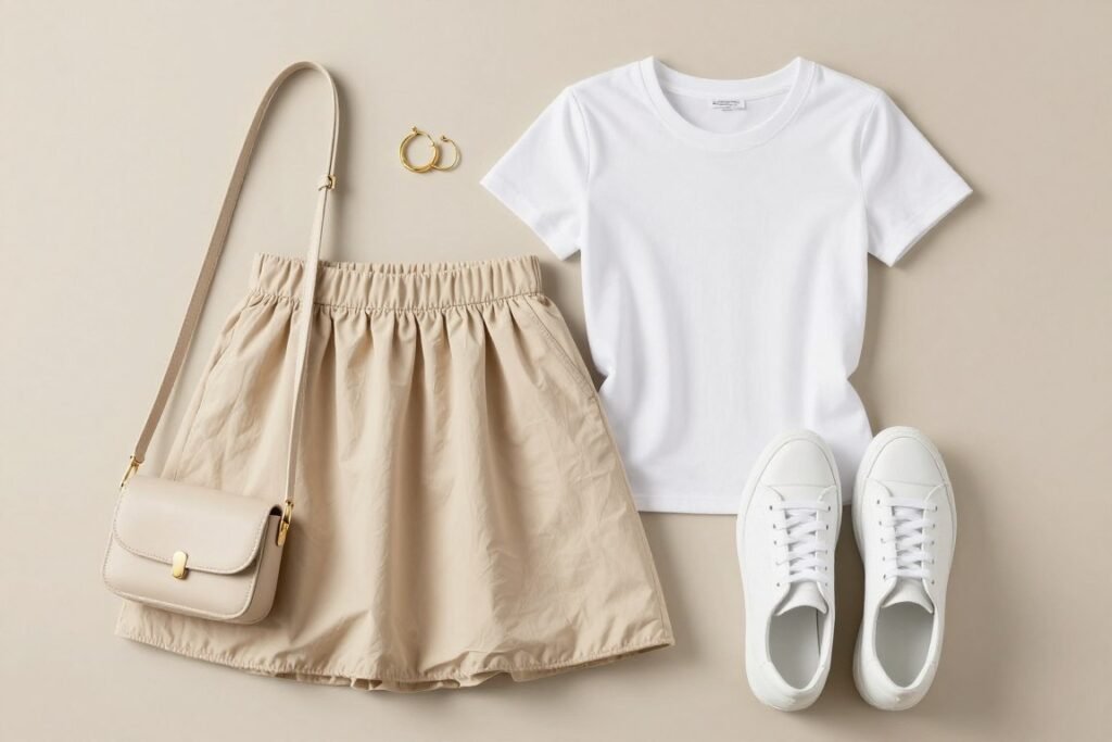 Casual bubble skirt outfit with white t-shirt and sneakers for a relaxed weekend look
