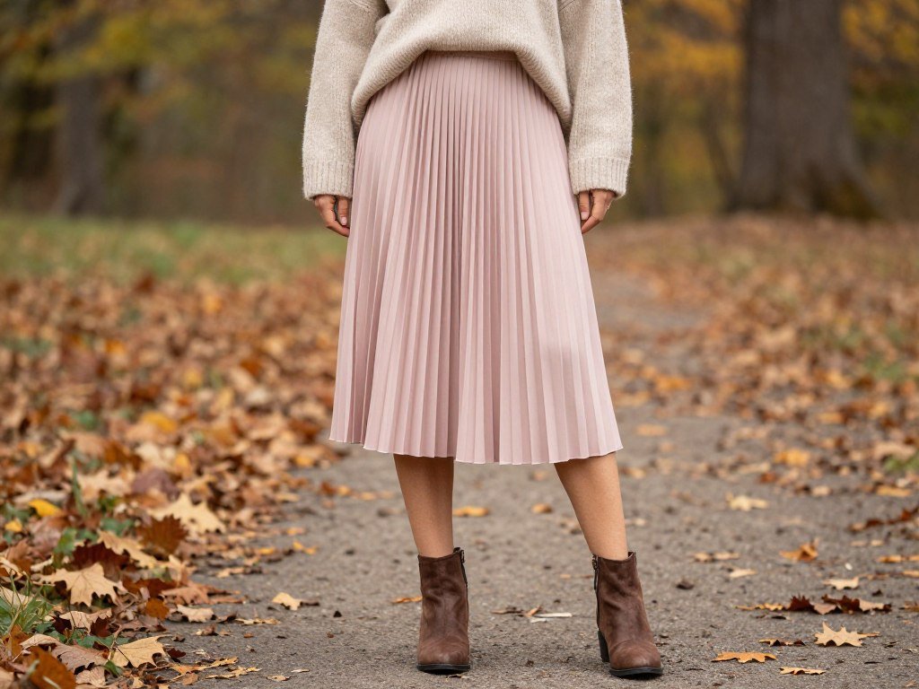 Casual pink skirt outfit with oversized knit sweater and ankle boots for fall