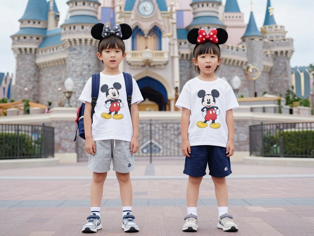 Children wearing Disney character t-shirts with comfortable shorts and sneakers at Magic Kingdom