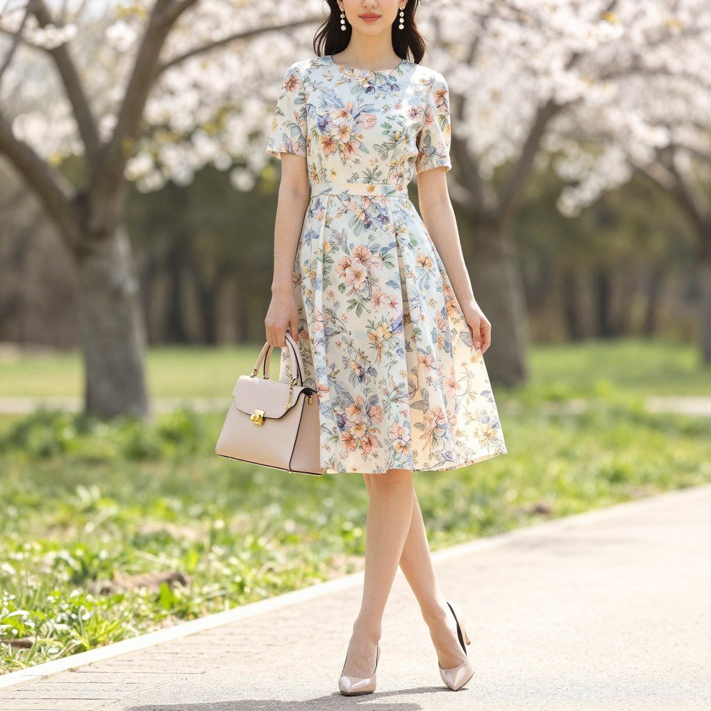 Classic Easter outfit with floral dress and pearl accessories