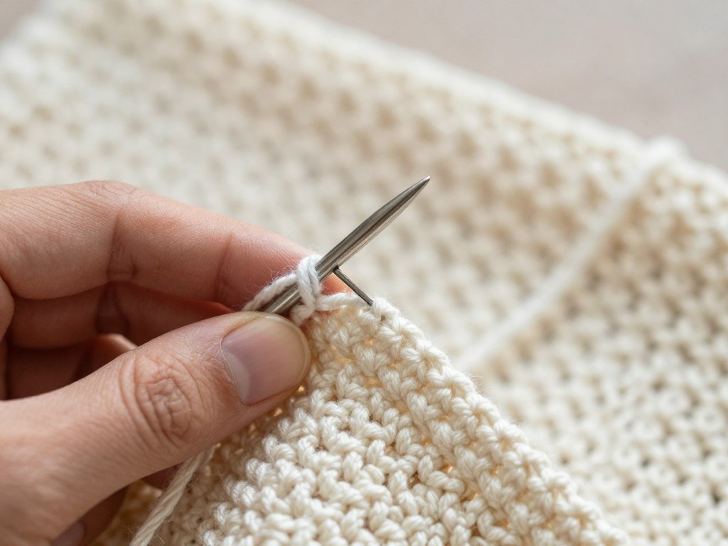 Close-up demonstration of weaving in ends on a crochet skirt project