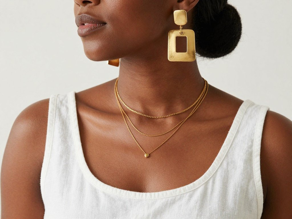 Close-up of a Black woman wearing bold earrings and layered necklaces with a simple dress