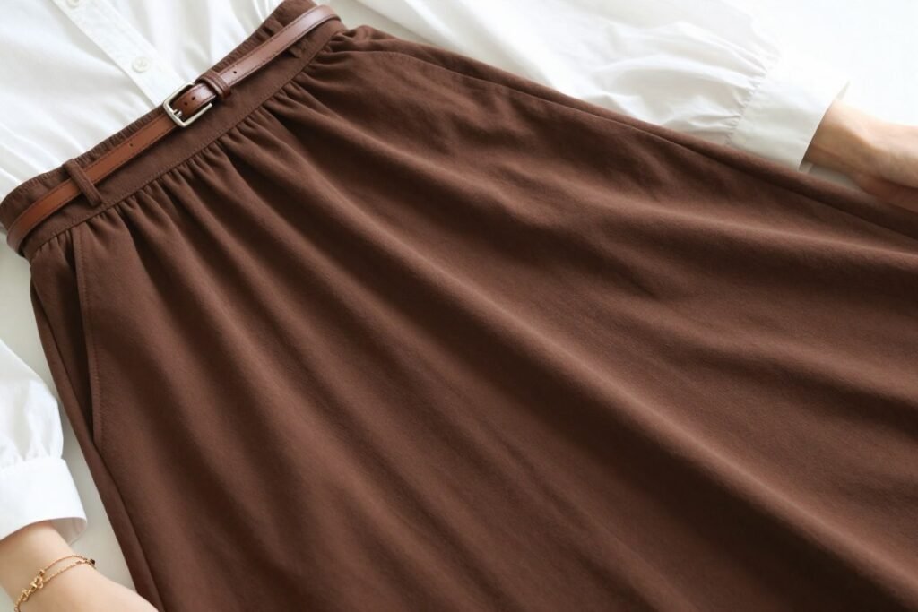 Close-up of a long brown skirt paired with a white button-down blouse and spring accessories
